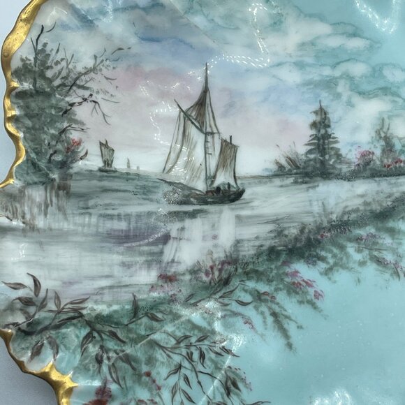 VTG Limoges AL Depose Porcelain Plate Teal Scallop Sailboats Gold Trim 9" - Picture 6 of 7